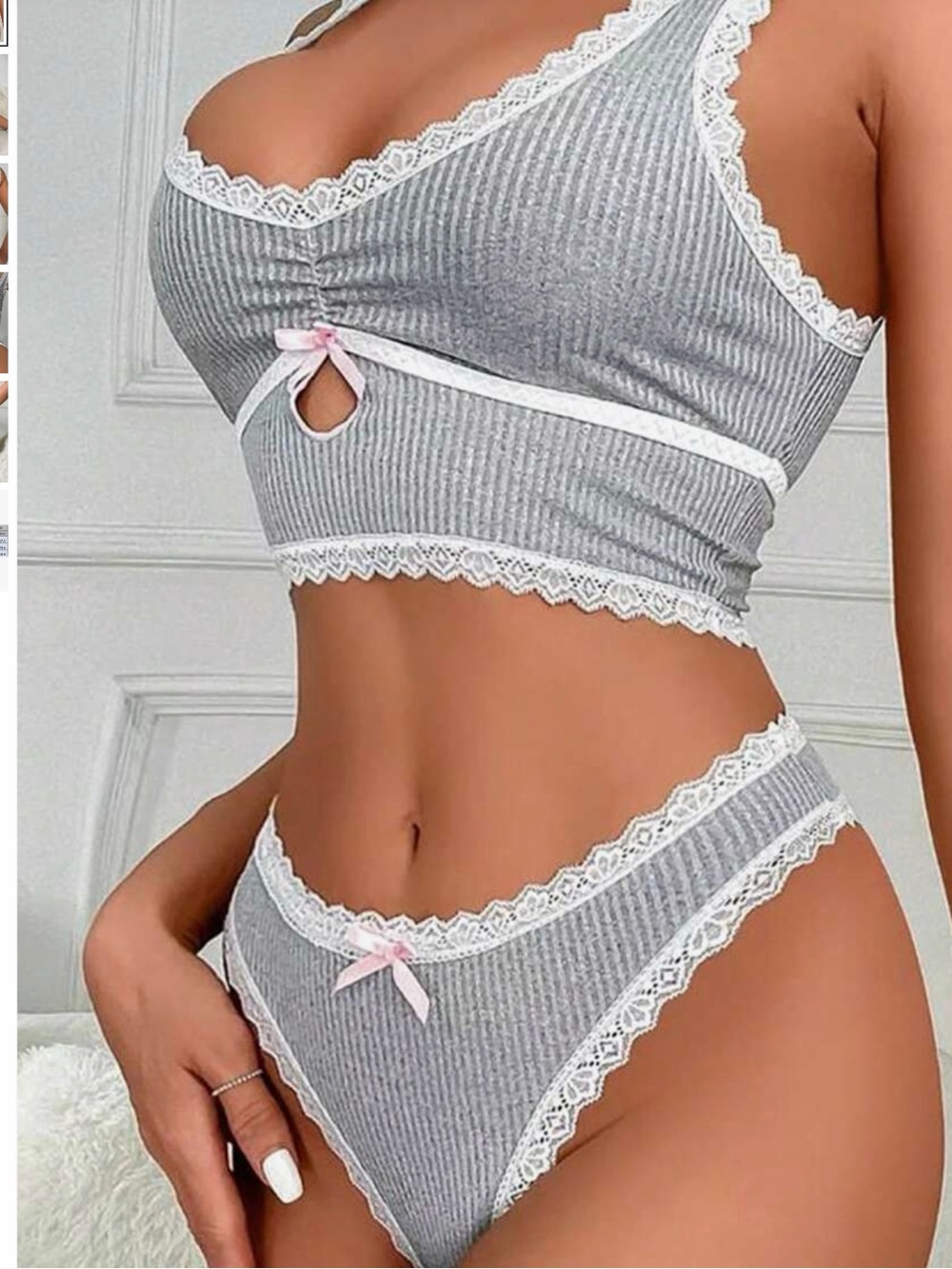 🌸SL52 - Lace-Trim Ribbed Bralette & Panty Set🩶🛍️